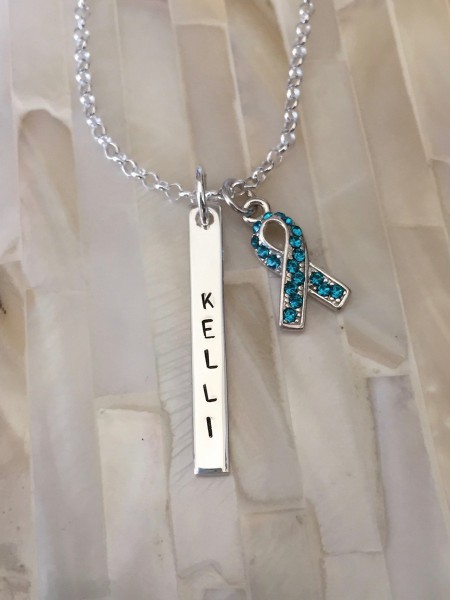 Personalized Ovarian Cancer teal ribbon necklace
