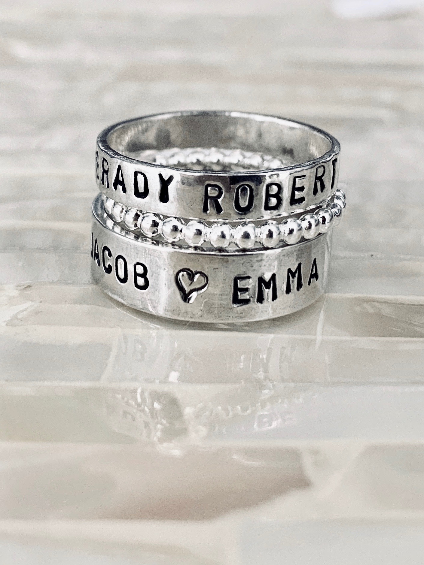 Name personalized stacking beaded ring set- Mothers- Grandmothers ring